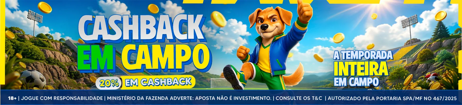 Banner da Tivo Bet (promocao Cashback em Campo) com a autorizacao SPA/MF no 467/2025 visivel